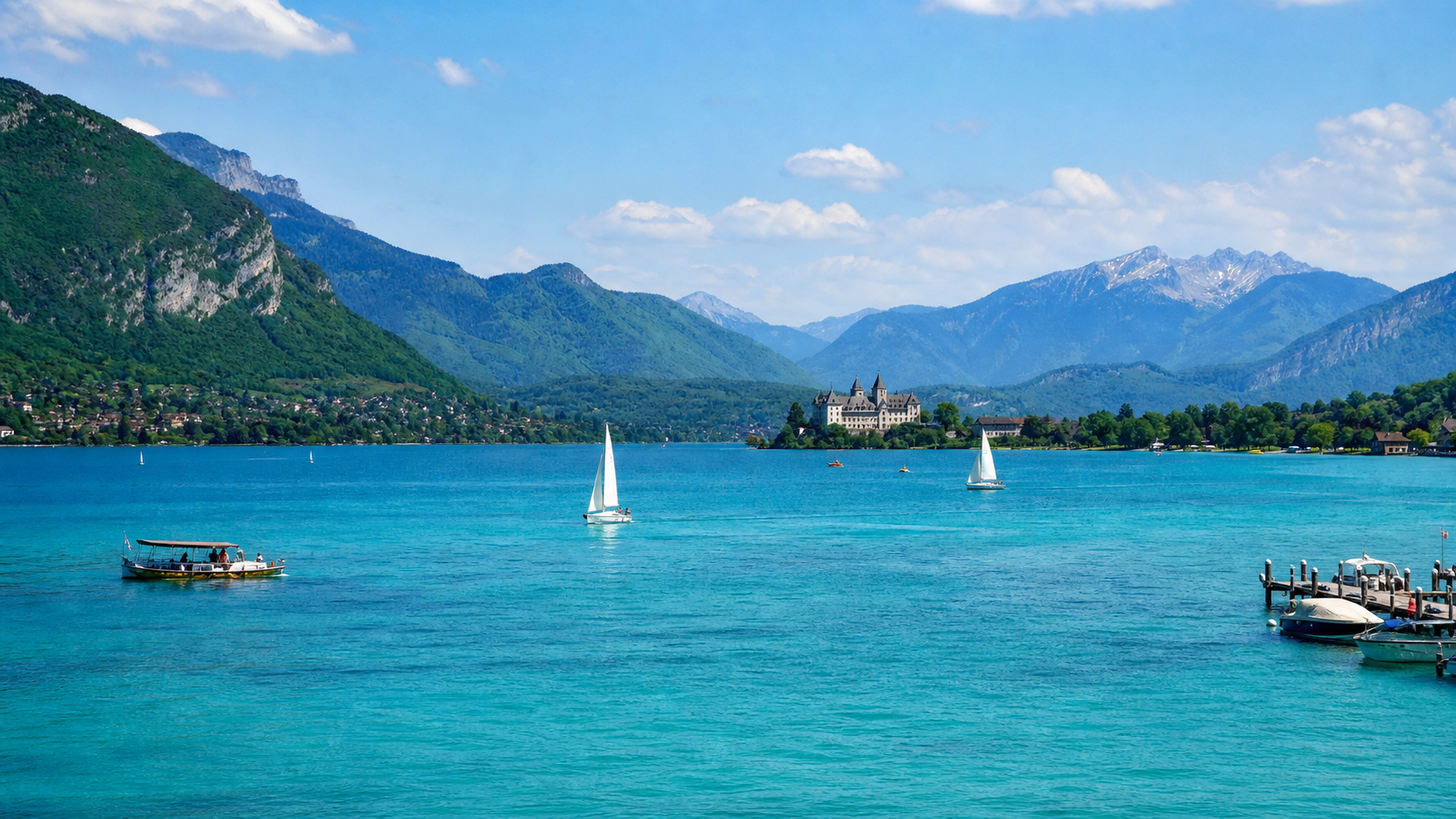 Lago di Annecy Lago di Annecy con vista panoramica sulle Alpi francesi