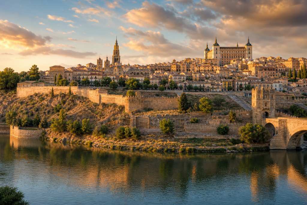 Vista panoramica di Toledo con Alcázar e Cattedrale dal fiume Tago