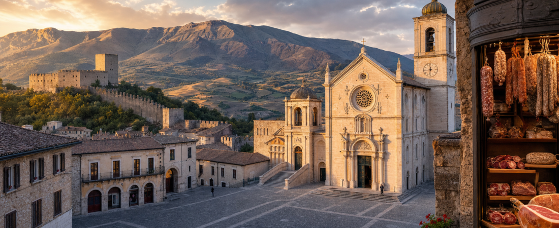 Norcia in solitaria: arrivo in bus, San Benedetto, Castellina e Monti Sibillini — guida senza auto nella patria del tartufo