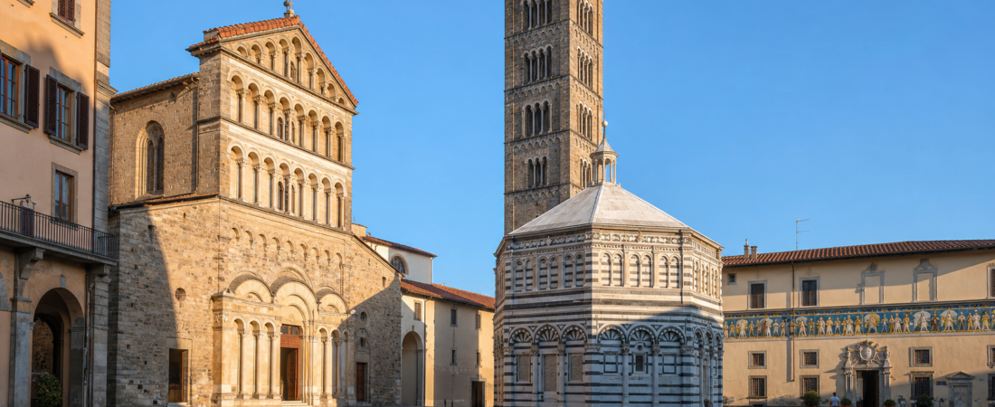 Pistoia in solitaria: arrivo in treno, Piazza del Duomo, Cattedrale di San Zeno e Ospedale del Ceppo — guida senza auto nella Toscana romanica