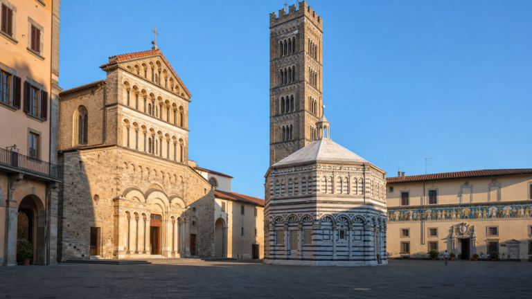 Pistoia in solitaria: arrivo in treno, Piazza del Duomo, Cattedrale di San Zeno e Ospedale del Ceppo — guida senza auto nella Toscana romanica