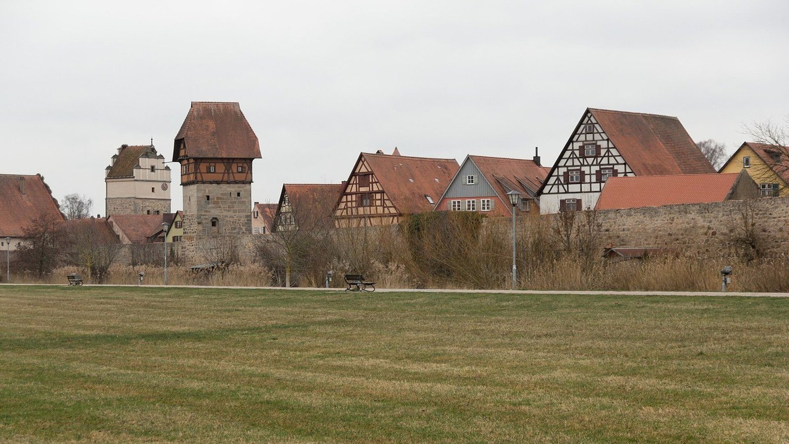 Medieval city walls and towers walkway of Dinkelsbühl at sunset