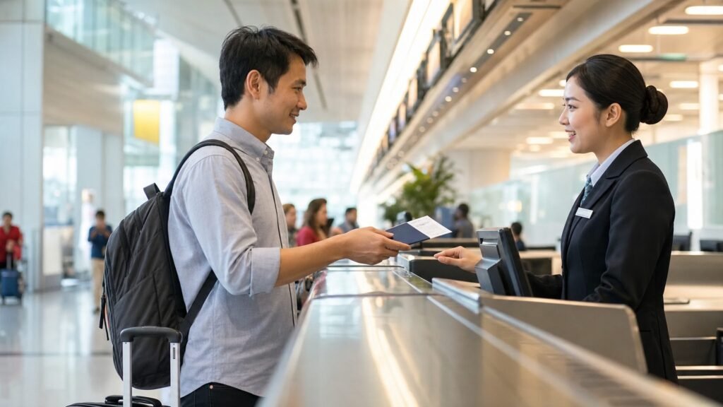 Turista al check-in aeroportuale con passaporto e carta d'imbarco