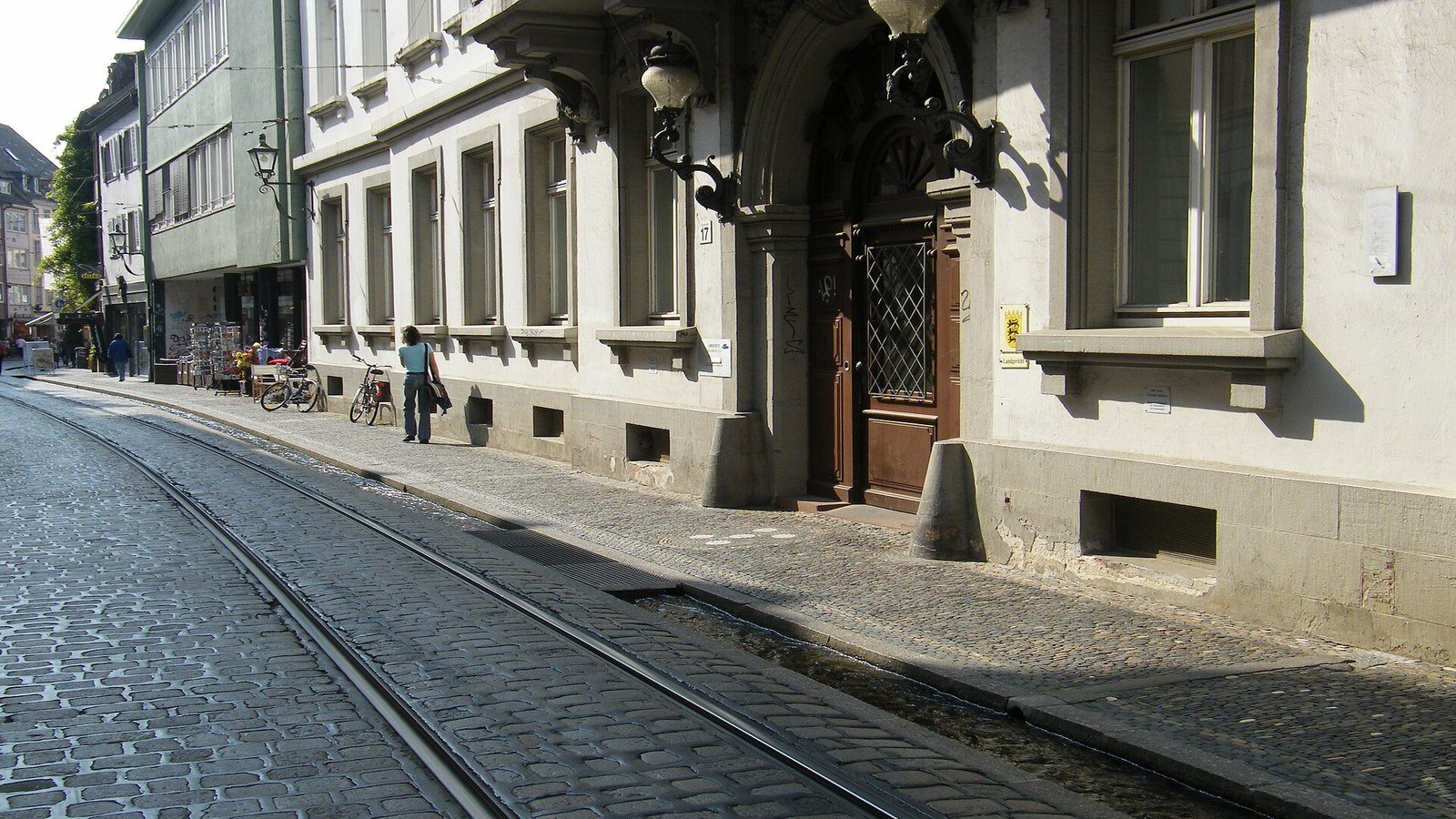 Bächle water channels flowing along a Freiburg old town street