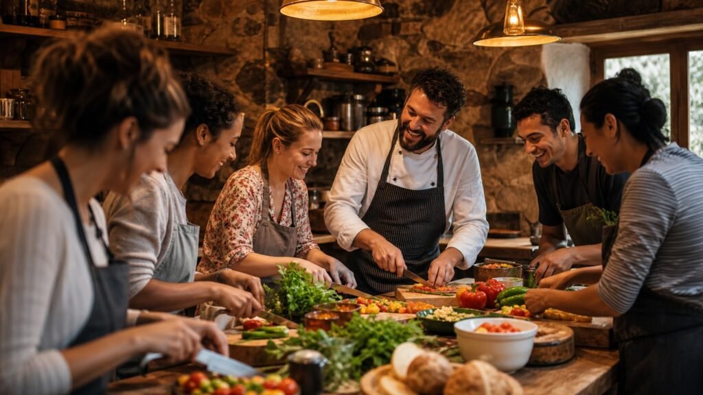 Gruppo che prepara cibo insieme a una lezione di cucina