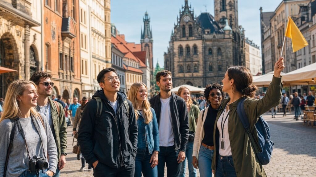 Gruppo di viaggiatori a un free walking tour in una piazza storica