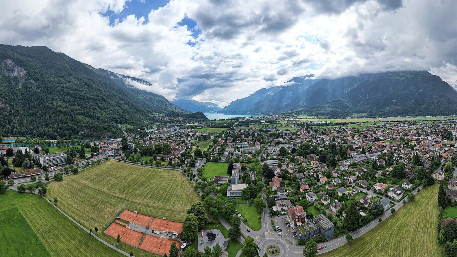 Interlaken town between Lake Thun and Lake Brienz with the Jungfrau massif in the background