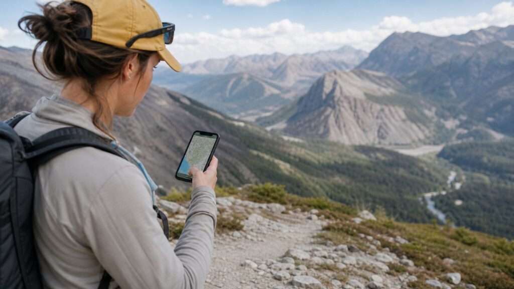 Viaggiatore con zaino che controlla una mappa offline su un sentiero