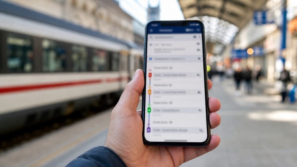 Viaggiatore che consulta gli orari dei treni sul telefono in stazione