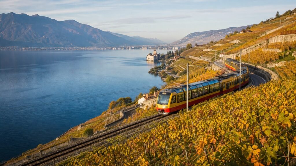 Un treno panoramico svizzero attraversa i vigneti terrazzati di Lavaux sopra il Lago Lemano