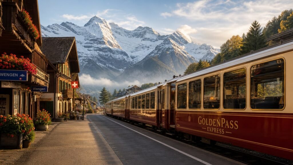 Il GoldenPass Express in una stazione di montagna dell Oberland bernese con chalet tradizionali