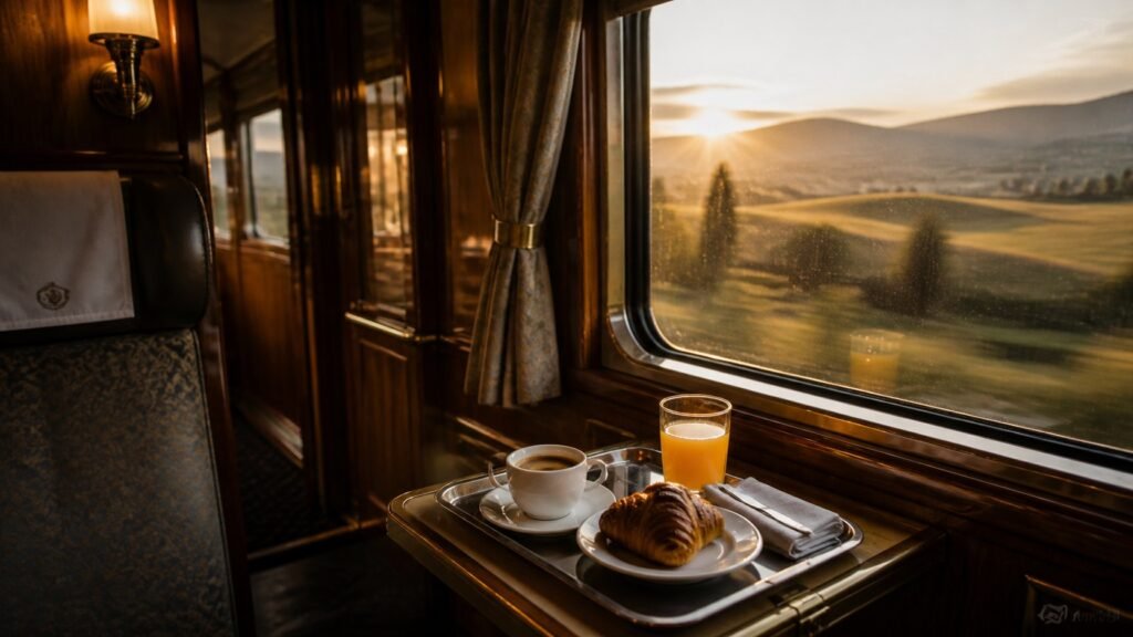 Colazione servita in cabina su un treno notturno con tazze e vassoio