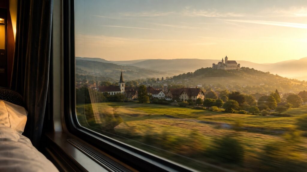 Vista dai finestrini di un treno notturno con paesaggio notturno sfocato