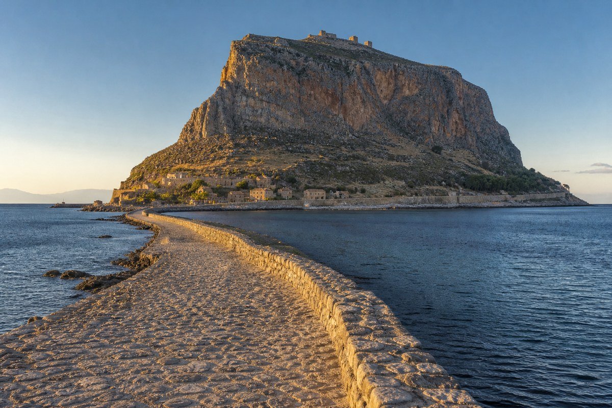 Il ponte e la strada d'accesso che collegano Monemvasia alla terraferma