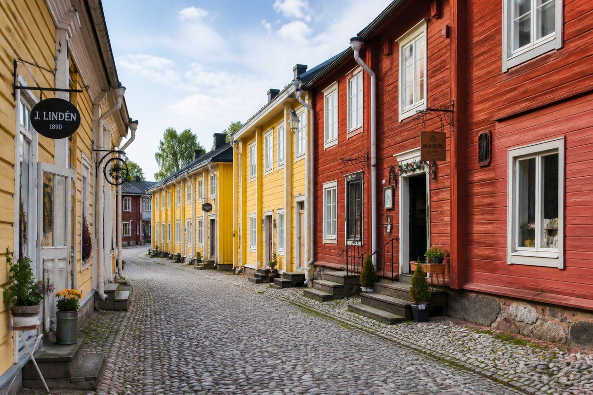 Le stradine acciottolate della città vecchia di Porvoo con le case in legno gialle e rosse