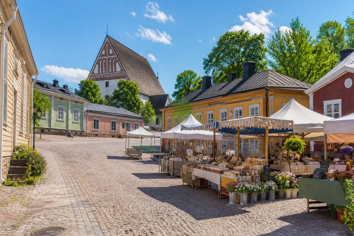 Le bancarelle del mercato nella piazza della cattedrale di Porvoo