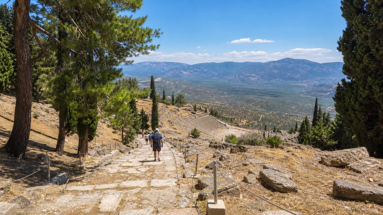 Il teatro antico di Delfi con la vista sulla valle del Pleistos