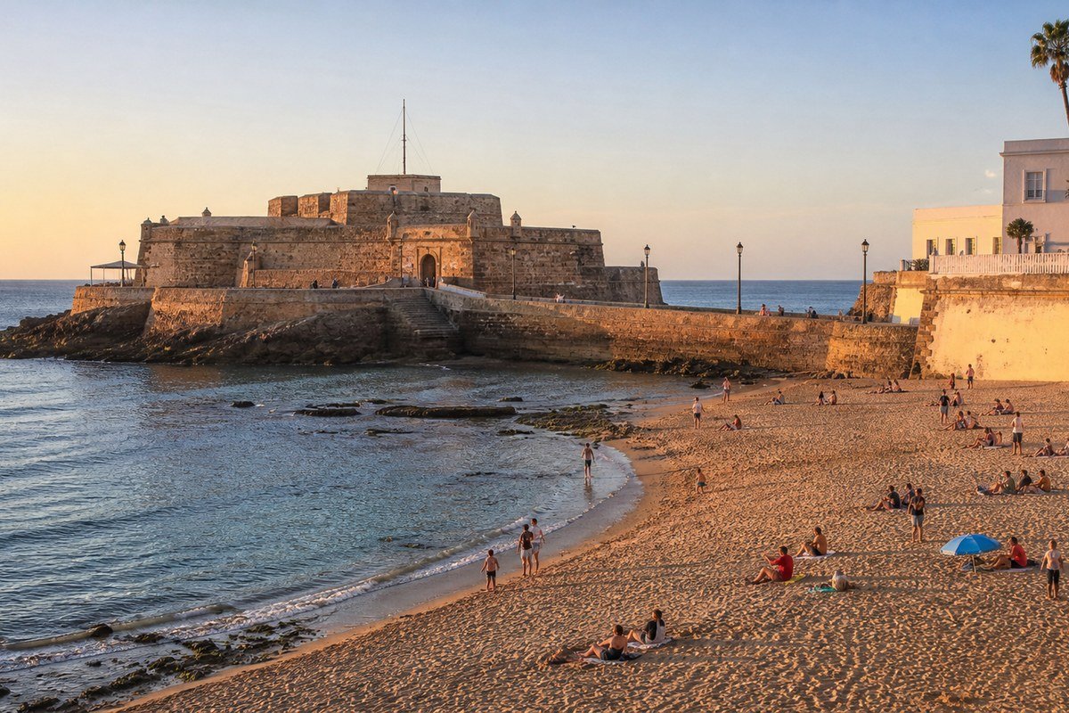 La spiaggia di La Caleta a Cadice con il castello di San Sebastian