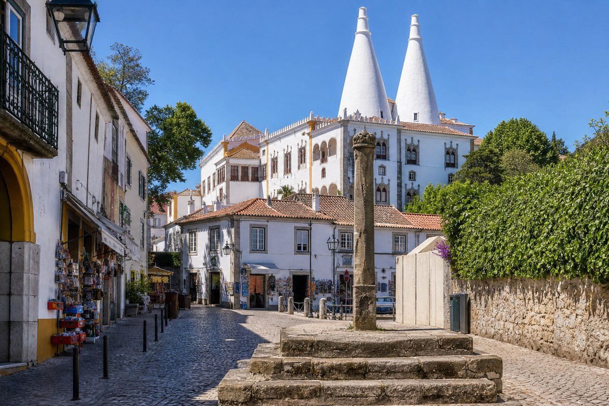 Il centro storico di Sintra con il Palazzo Nazionale e il pelourinho