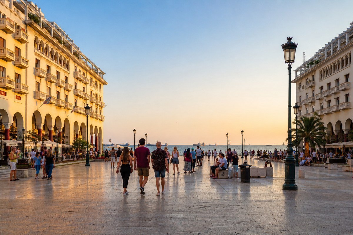 La piazza Aristotelous di Salonicco con i portici e il mare