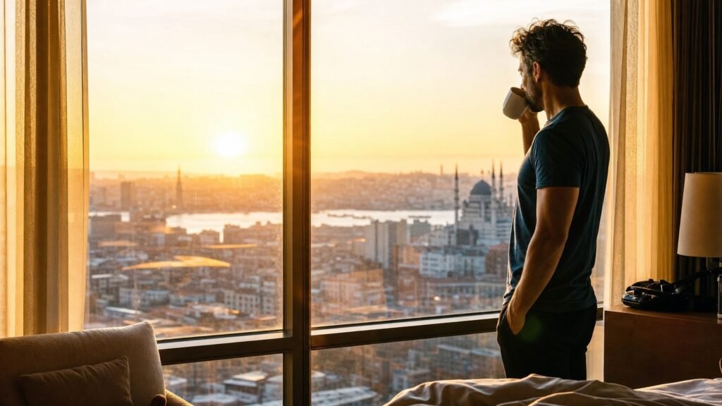 Viaggiatore alla finestra dell'hotel con caffè alla luce del mattino