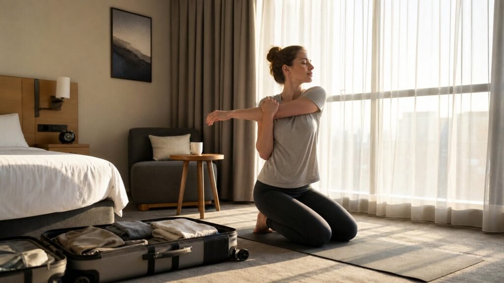 Viaggiatore che fa stretching in camera d'albergo al mattino