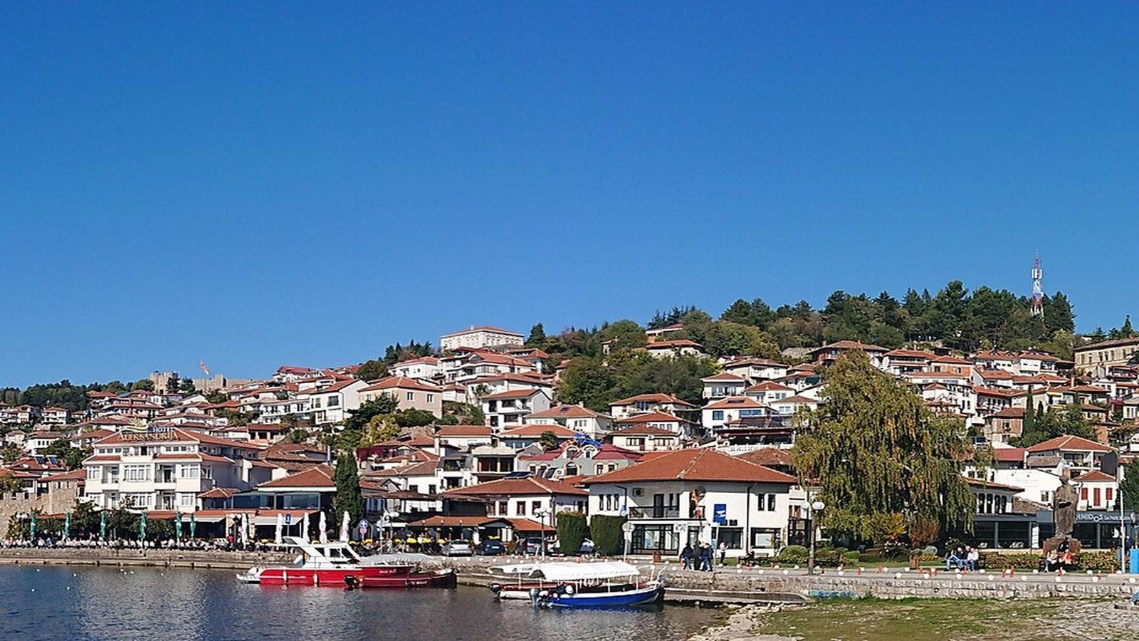 Ancient theatre of Ohrid with Lake Ohrid and mountains in the background