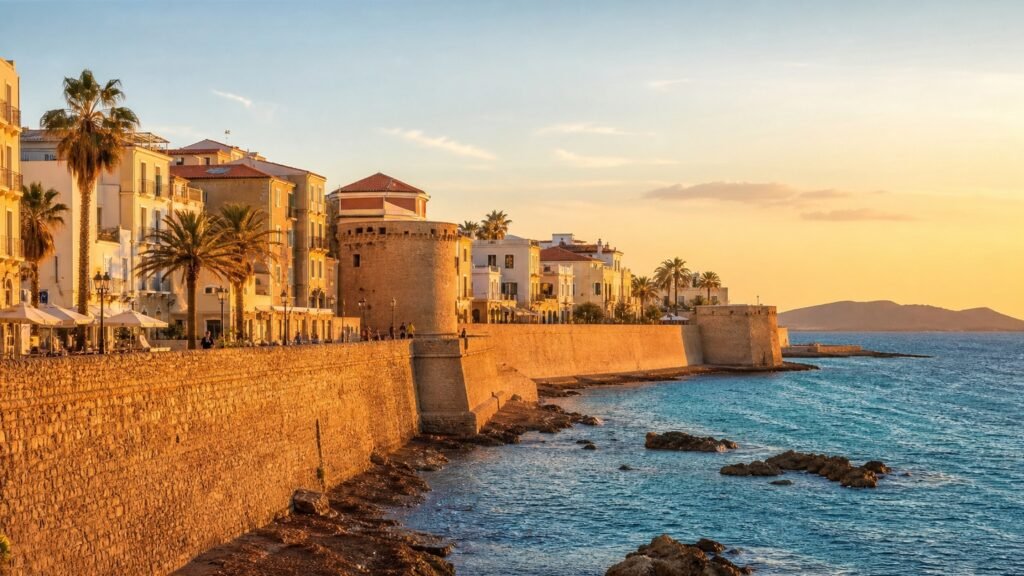 Alghero lungomare e torri catalane al tramonto