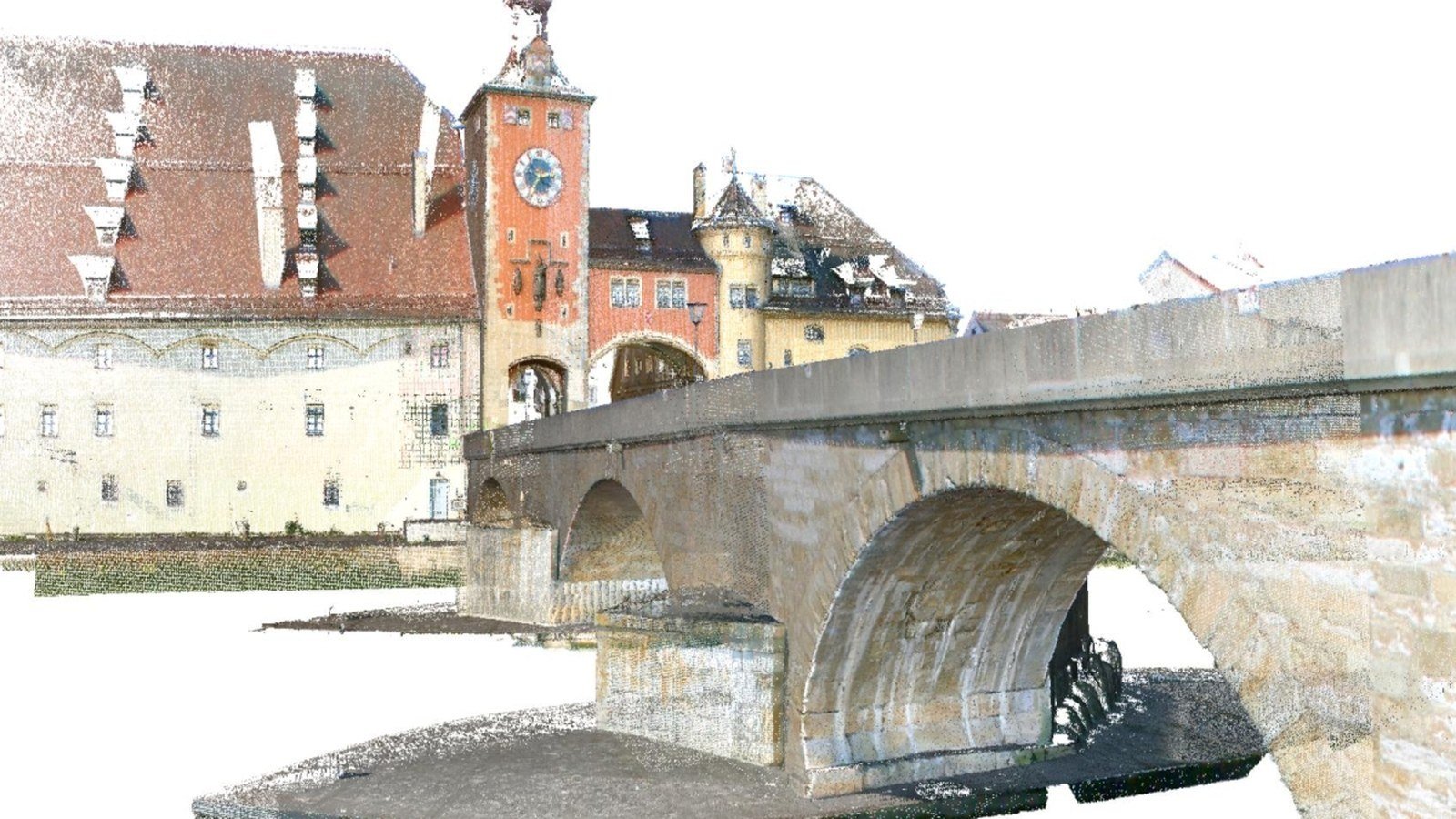 Regensburg stone bridge over the Danube with the cathedral towers