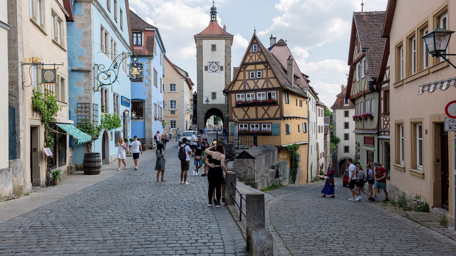 Plönlein corner with Siebersturm tower in Rothenburg ob der Tauber at golden hour