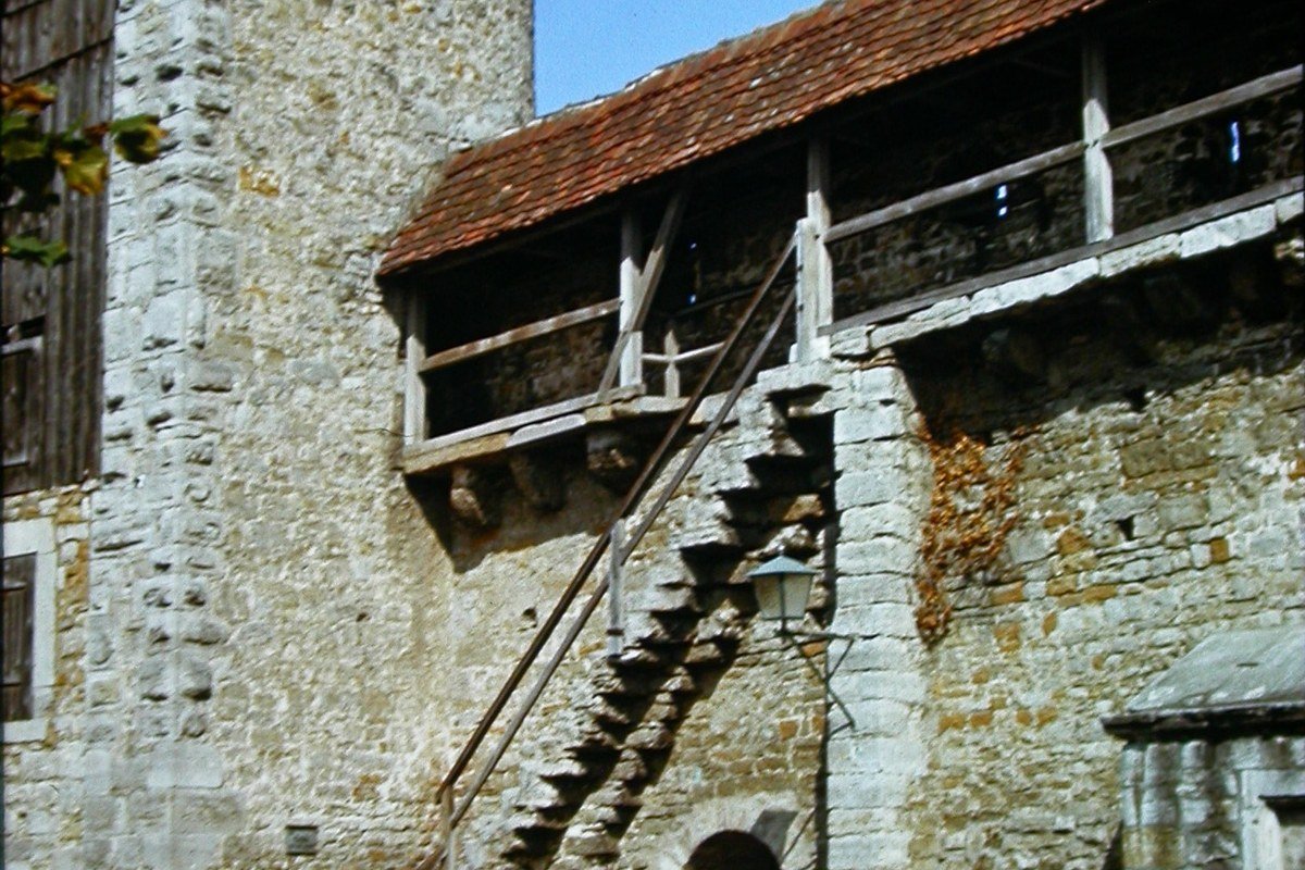 Covered medieval city wall walkway and towers of Rothenburg ob der Tauber