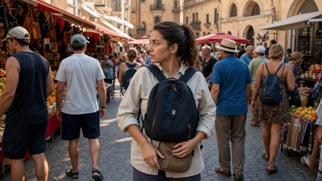 Turista con zaino davanti in un mercato affollato