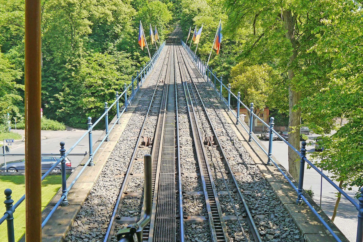 Nerobergbahn water-ballast funicular from 1888 climbing the Neroberg hill among vineyards