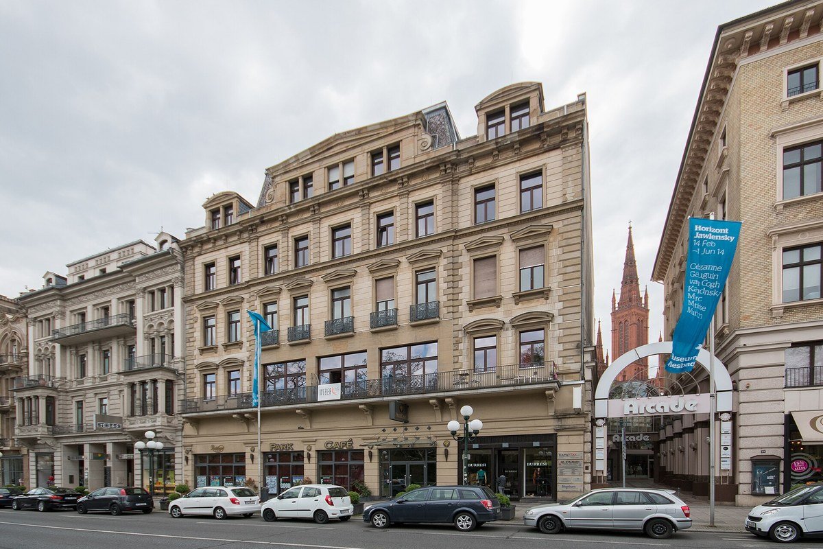 Elegant Wilhelmstrasse boulevard in Wiesbaden with historic facades and cafes