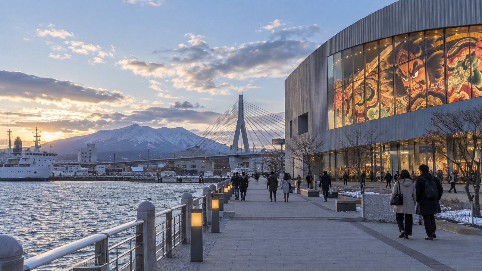Lungomare e quartiere culturale di Aomori nella luce del nord