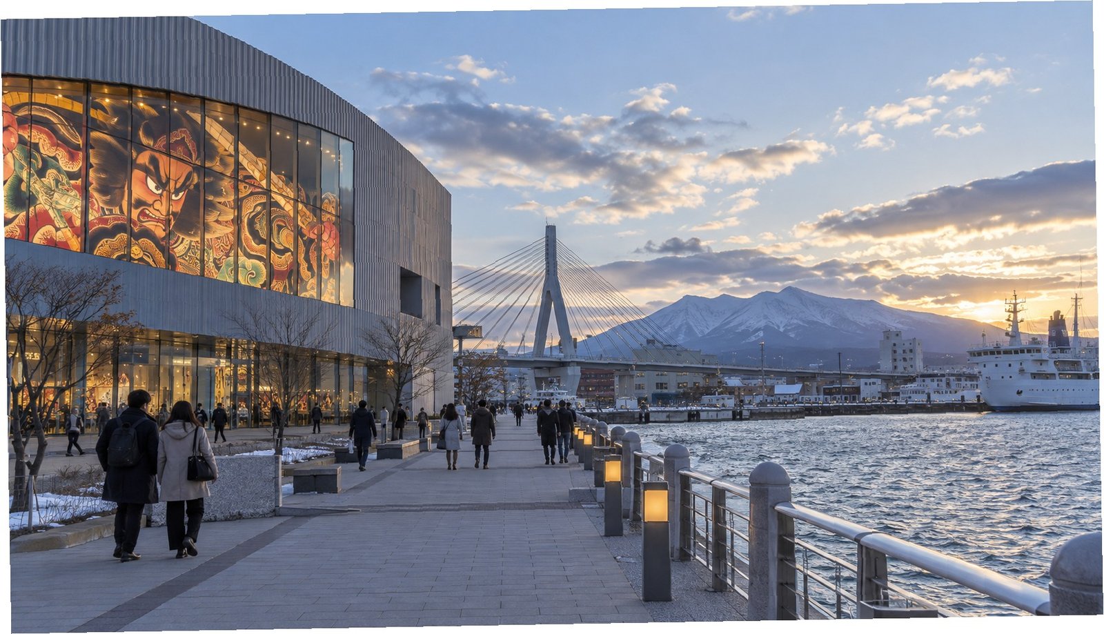 Lungomare e quartiere culturale di Aomori nella luce del nord