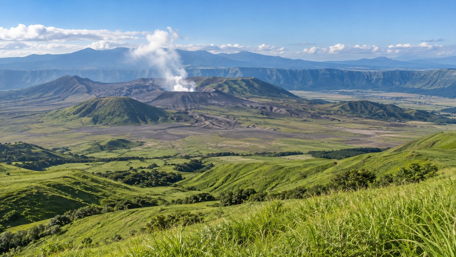 Pascoli verdi della caldera di Aso con il cratere vulcanico sullo sfondo