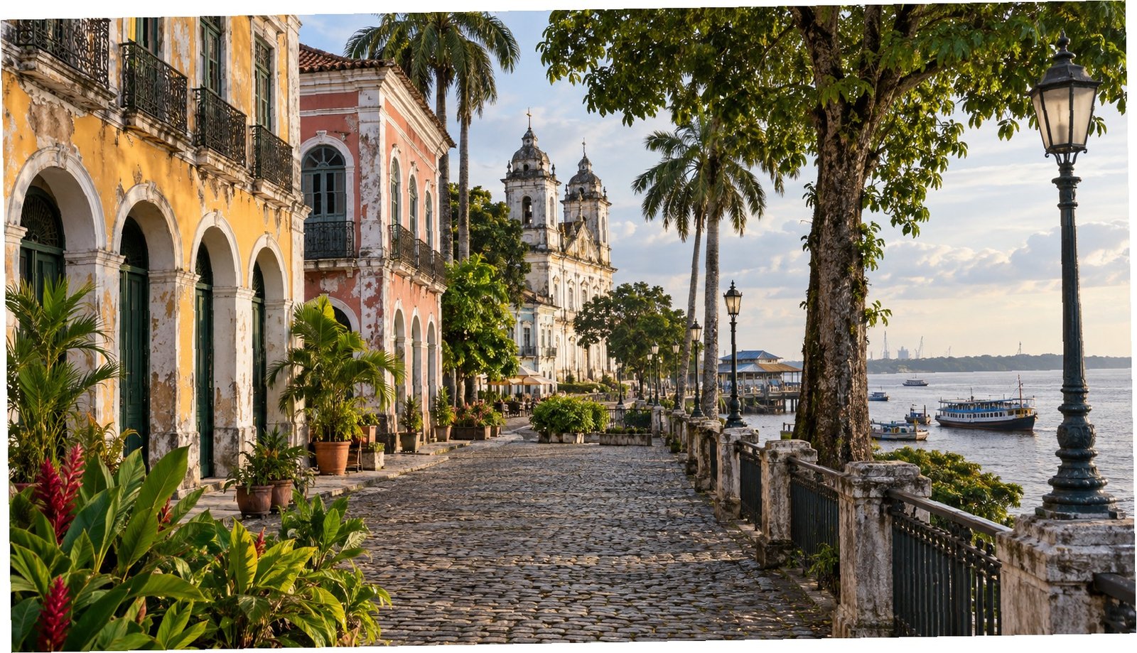 Architettura storica di Belém tra fiume e vegetazione amazzonica