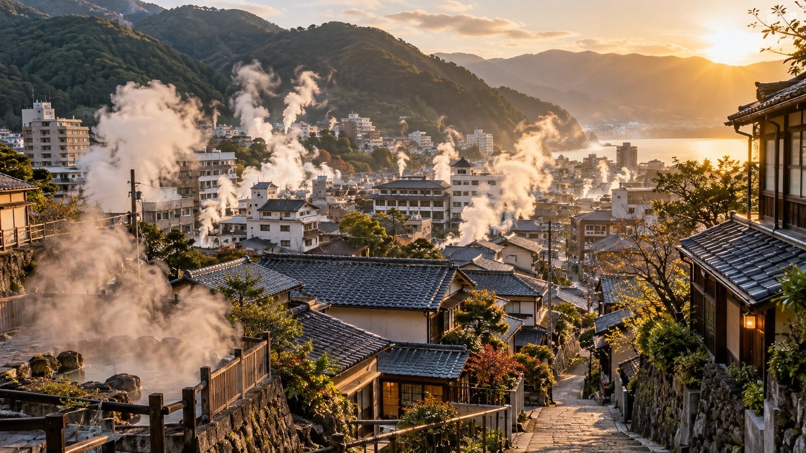 Vapore delle sorgenti termali tra i tetti di Beppu