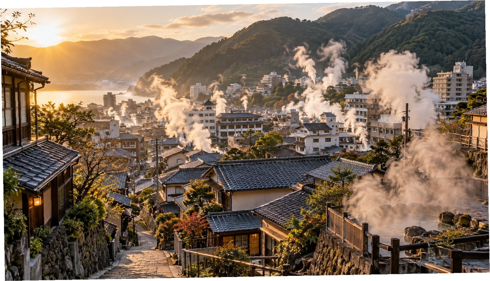 Vapore delle sorgenti termali tra i tetti di Beppu