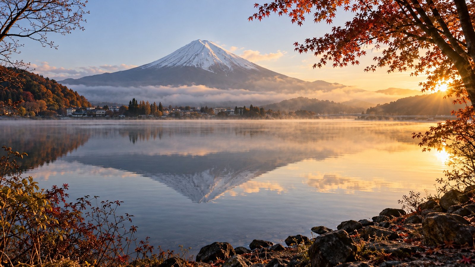 Monte Fuji riflesso nel lago Kawaguchi a Fujikawaguchiko