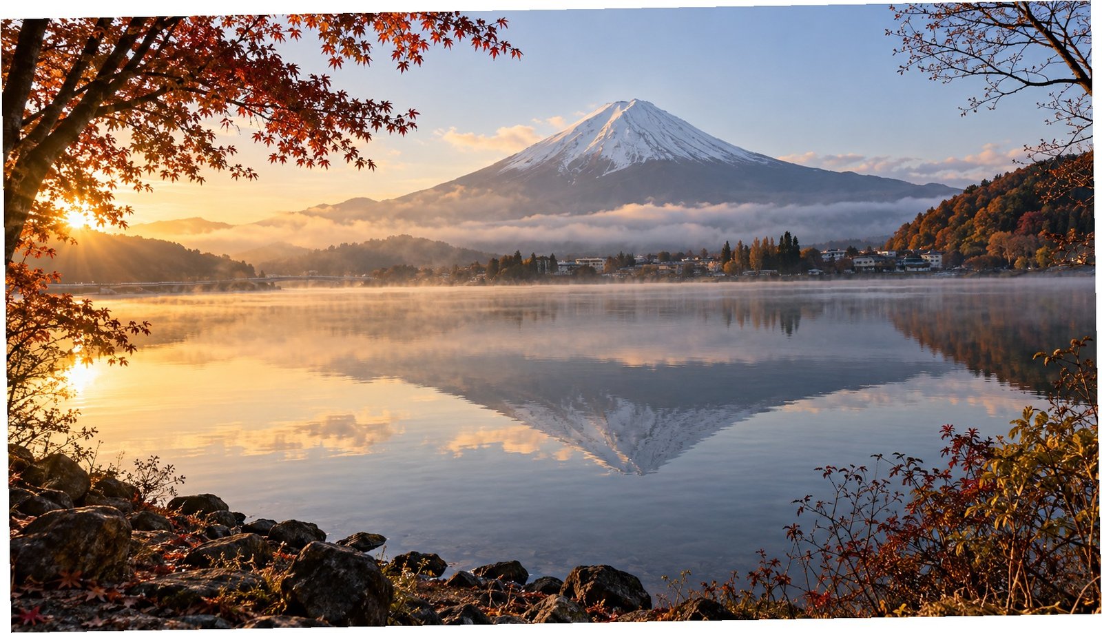 Monte Fuji riflesso nel lago Kawaguchi a Fujikawaguchiko