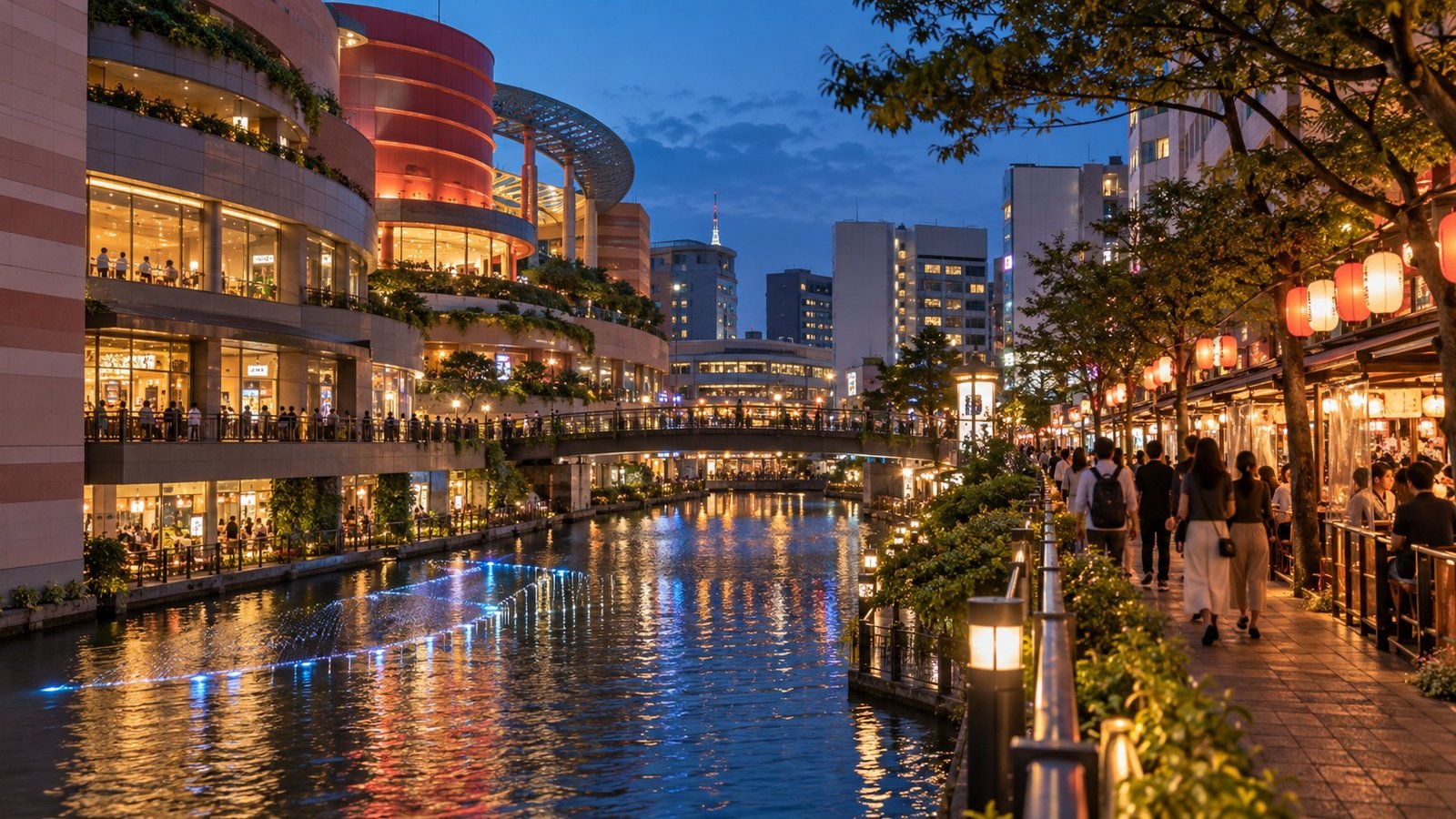 Quartiere riverside di Fukuoka illuminato la sera
