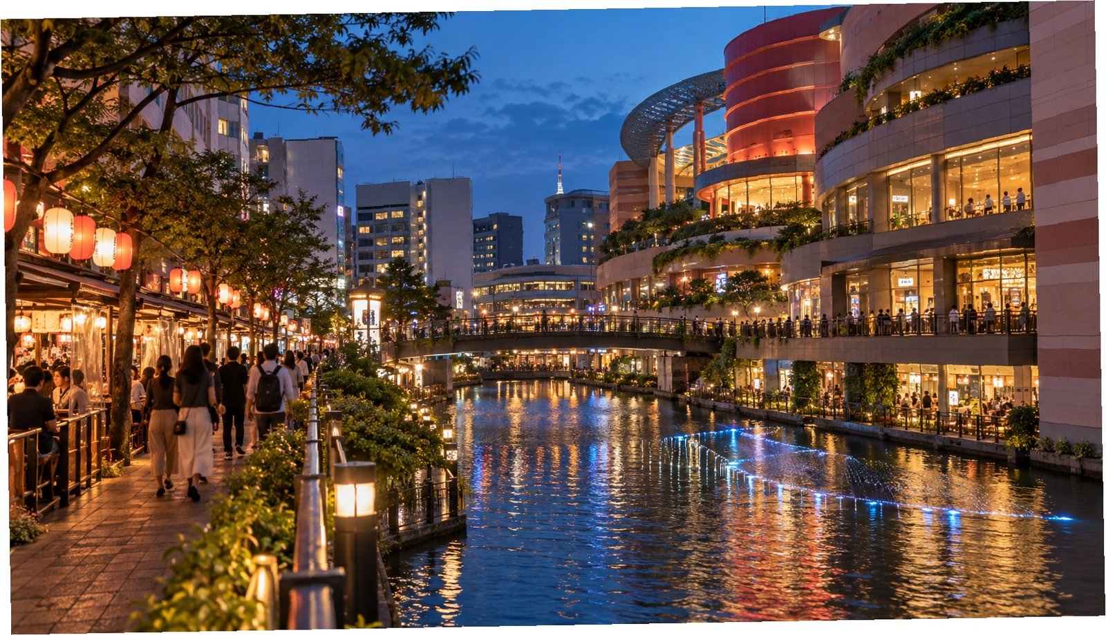 Quartiere riverside di Fukuoka illuminato la sera