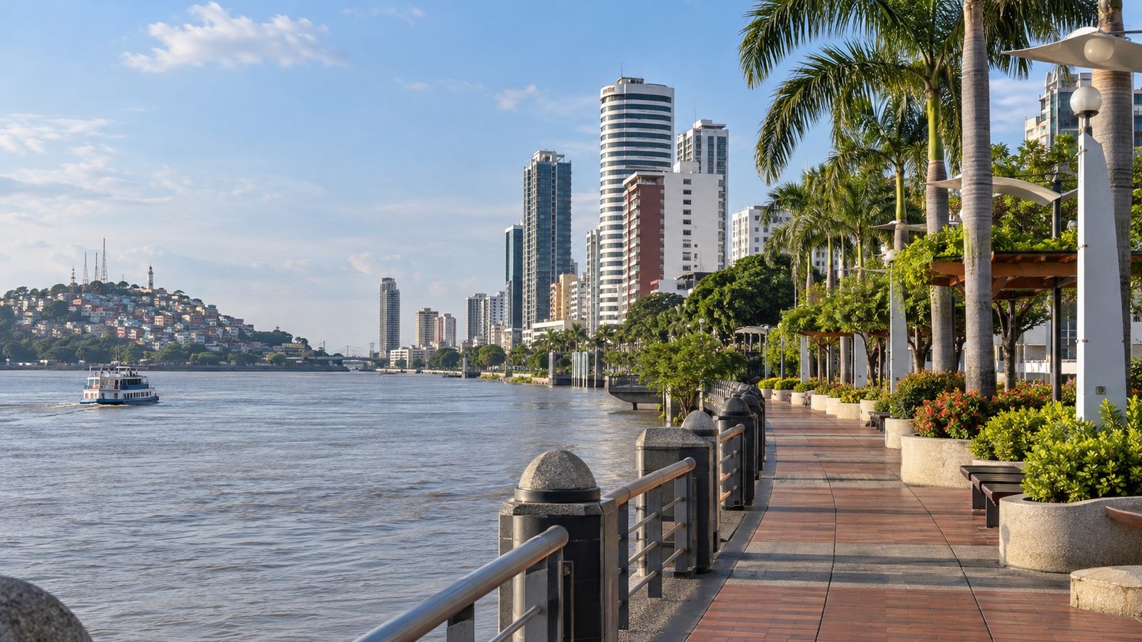 Malecón di Guayaquil con skyline e vegetazione tropicale