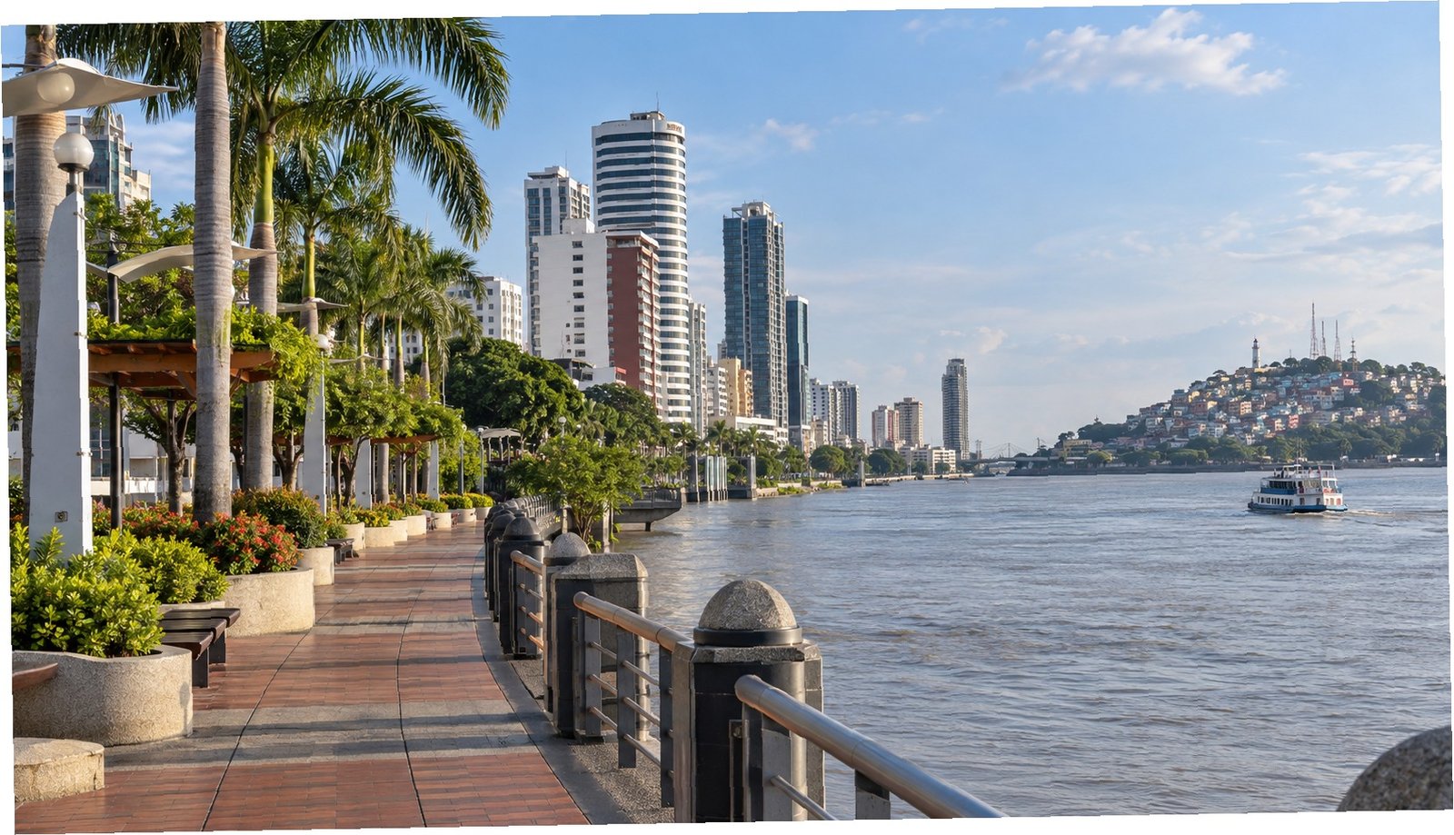 Malecón di Guayaquil con skyline e vegetazione tropicale
