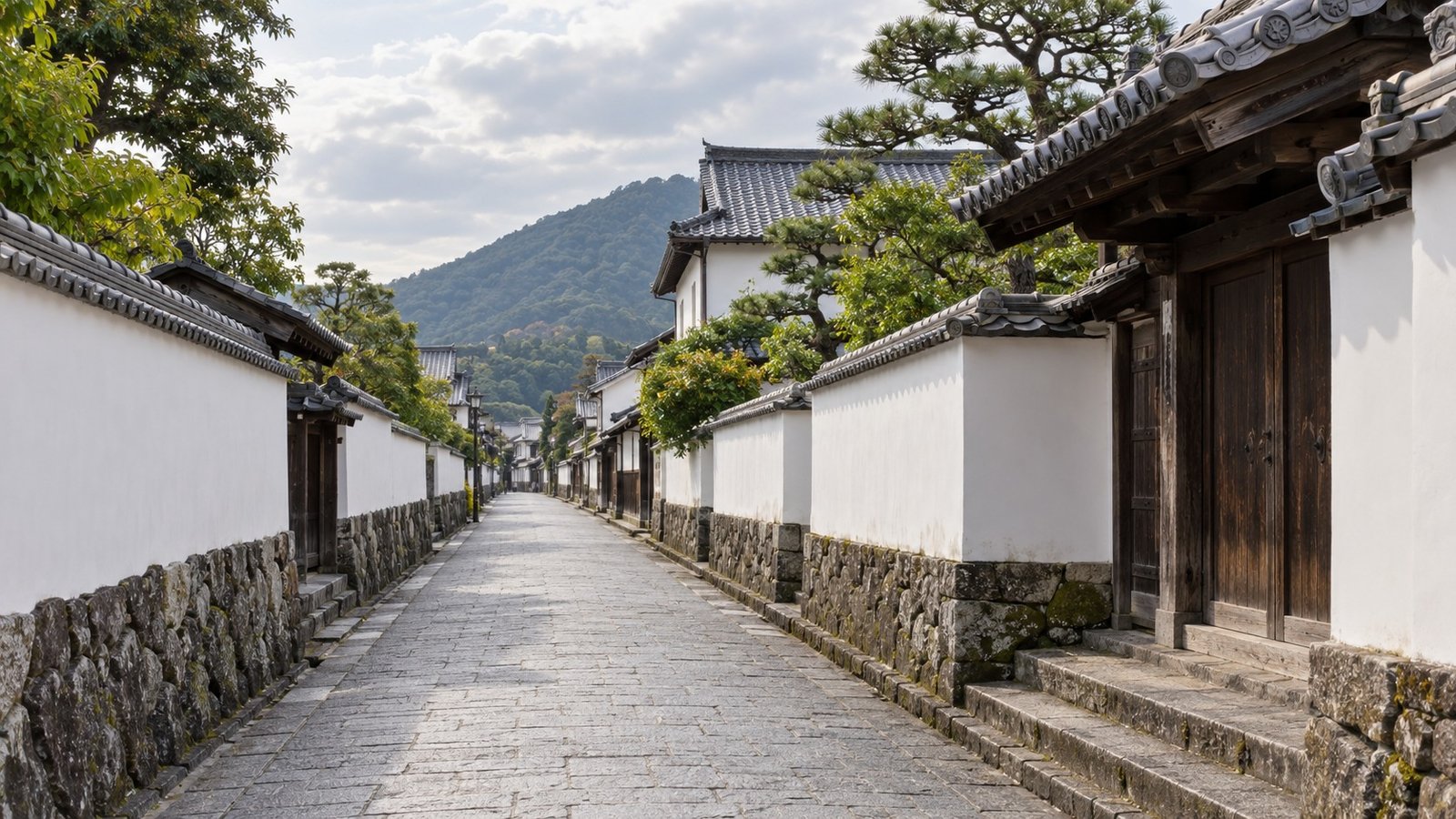 Strada storica del quartiere samurai di Hagi tra case bianche e tetti tradizionali