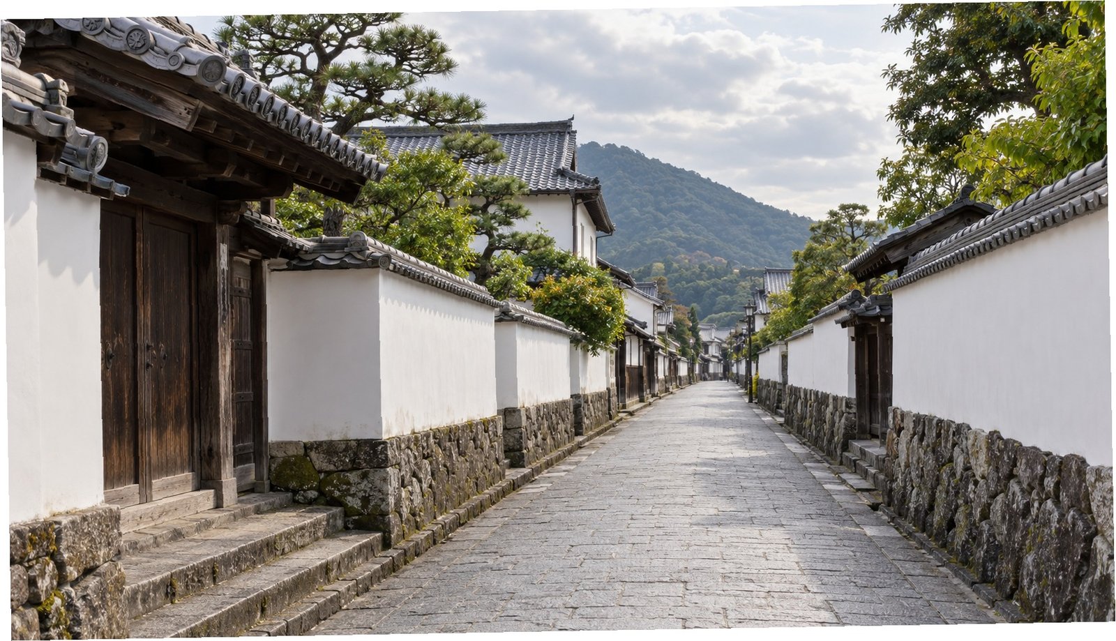 Strada storica del quartiere samurai di Hagi tra case bianche e tetti tradizionali