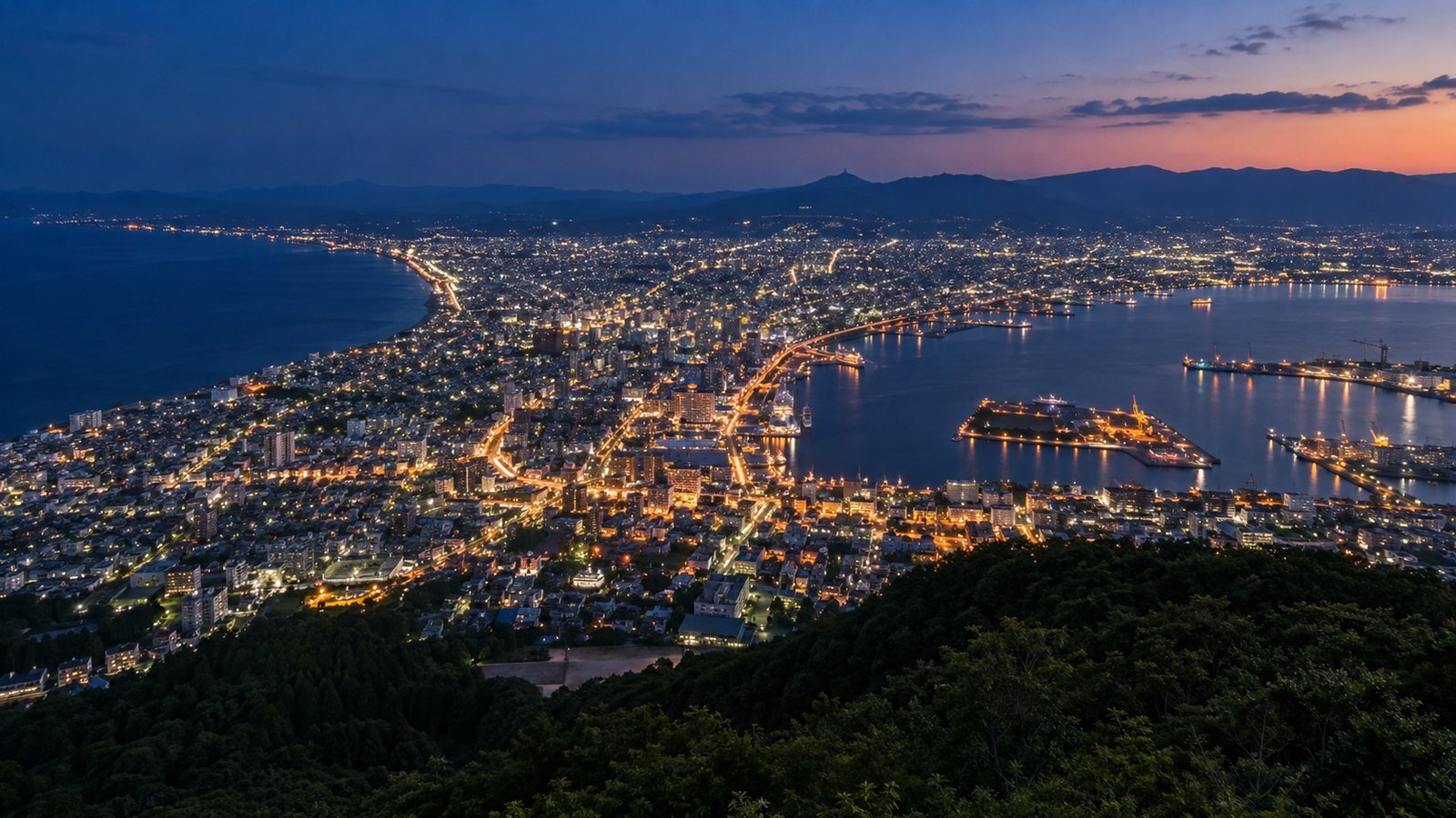 Panorama notturno del porto di Hakodate dal monte Hakodate