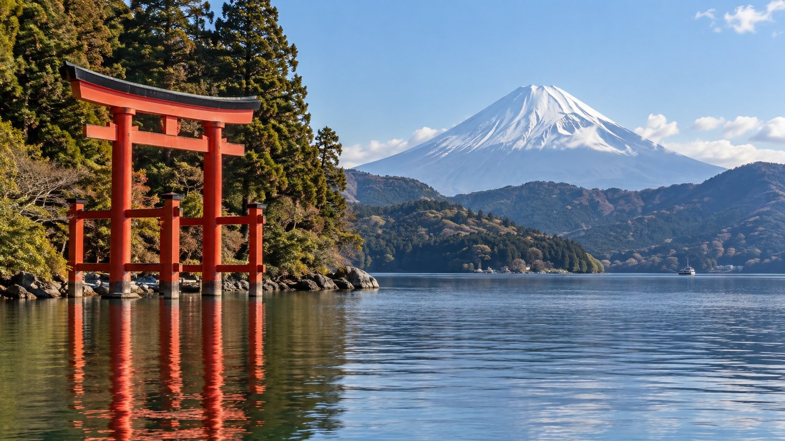Torii rosso sul lago Ashi con il monte Fuji sullo sfondo